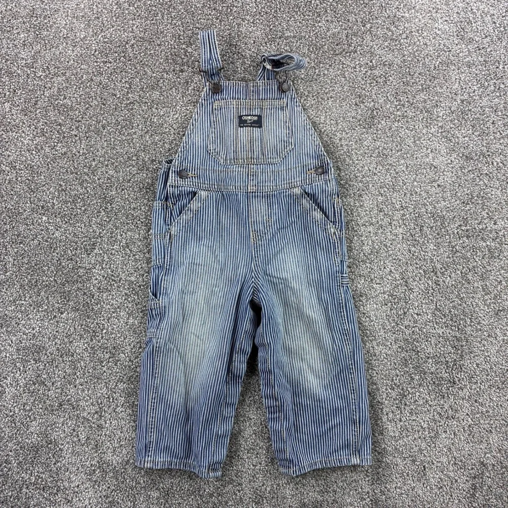 Vintage OshKosh B'gosh Denim Overalls Bib Kids 24M Blue Hickory Railroad Striped
